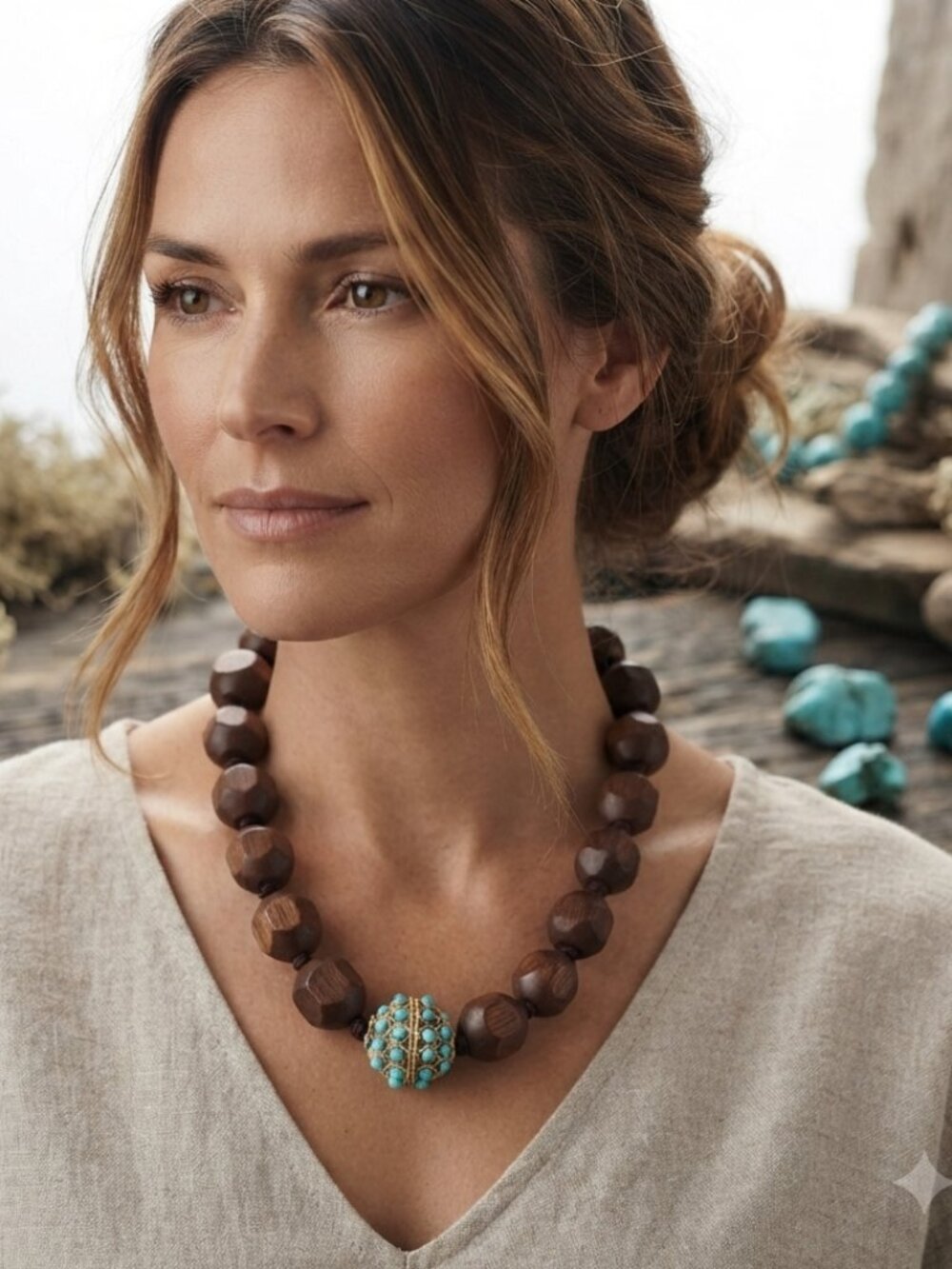 Bijou Wooden beaded necklace with magnetic turquoise ball